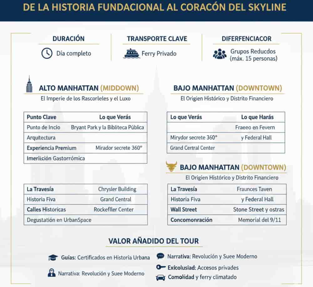Infografía del Itinerario exclusivo del Tour Alto y Bajo Manhattan, destacando Midtown, Downtown y el transporte en ferry.