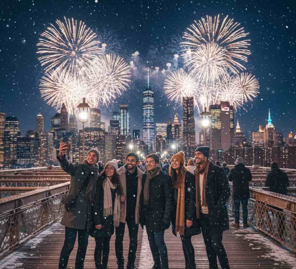 Turistas celebrando el Año Nuevo 2026 frente al skyline iluminado de Manhattan, Nueva York, durante los eventos gratuitos de fin de año.
